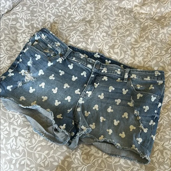 Disney Denim Shorts with White Mickey Mouse Pattern - Picture 1 of 8